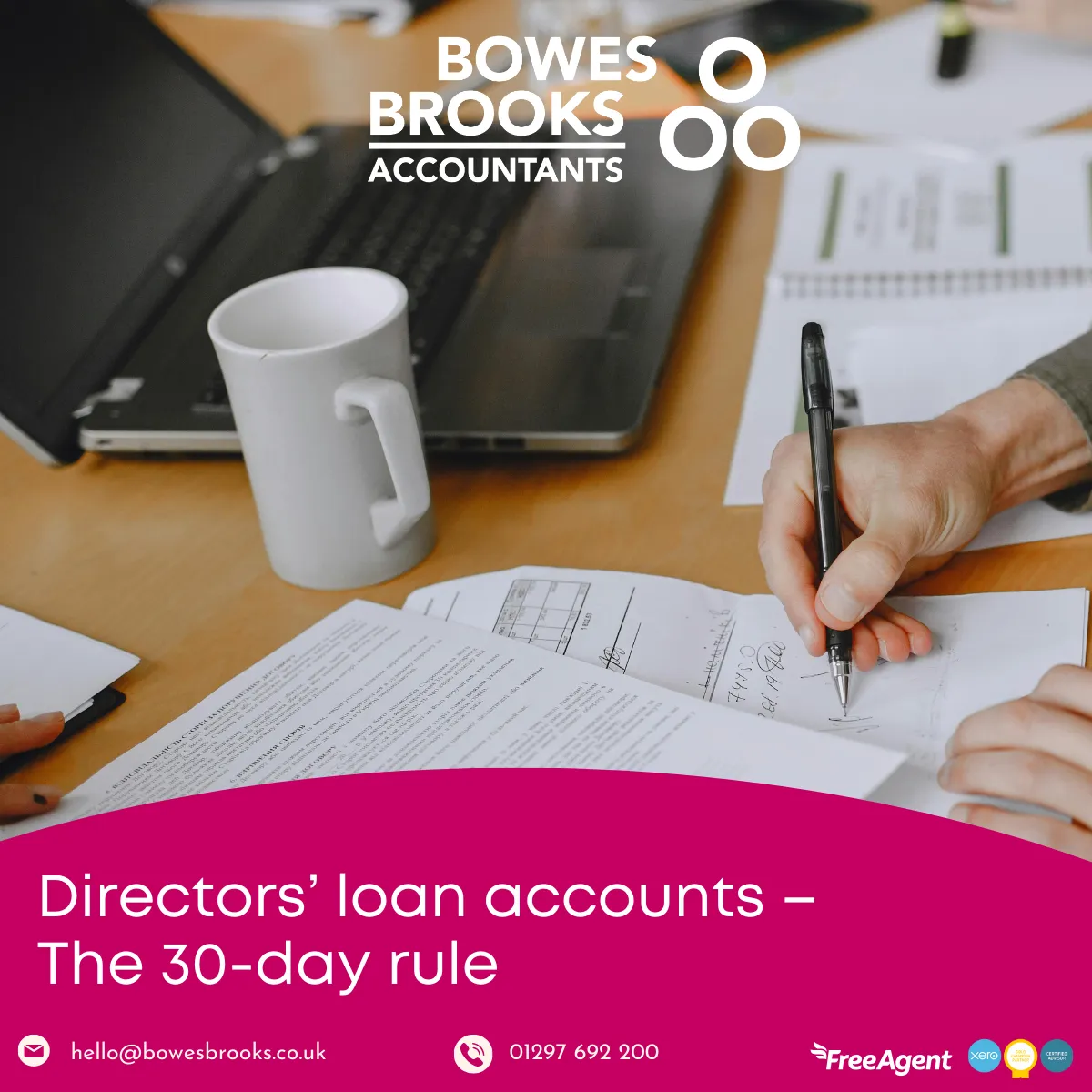 A company director reviewing financial documents with a calculator and laptop, highlighting HMRC rules on directors’ loan accounts and the 30-day rule.