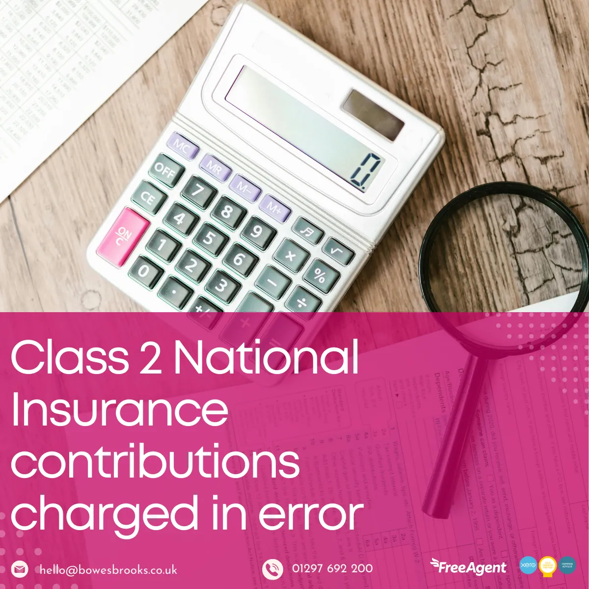 A self-employed worker reviewing tax documents on a laptop with a calculator, highlighting HMRC Class 2 National Insurance contribution errors for 2024/25.