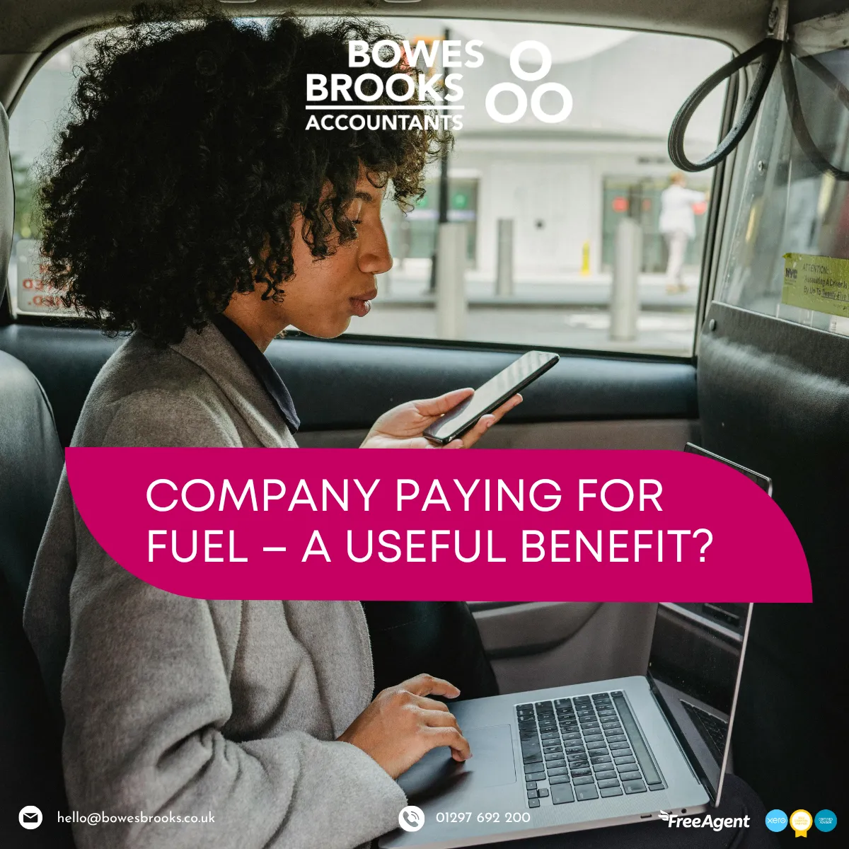 Businessperson refuelling a company car at a petrol station while reviewing HMRC fuel benefit rates