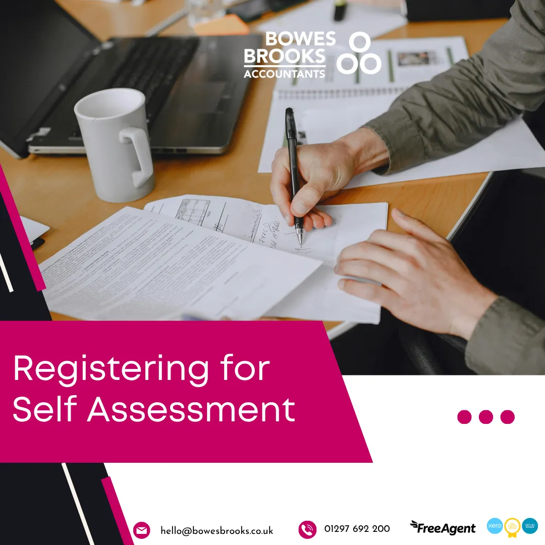 Person using a laptop to register for Self Assessment on the HMRC website, surrounded by tax documents and a calendar showing the 5 October deadline.