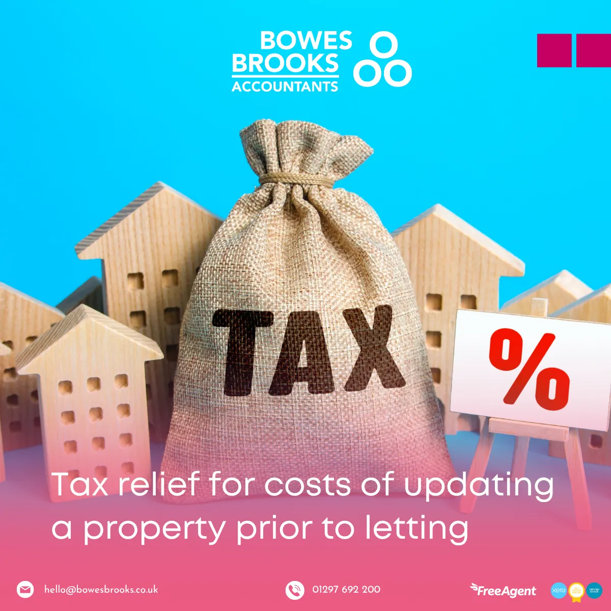 A sack labeled ‘Tax’ beside a model house, representing tax relief available to landlords updating a property before letting.