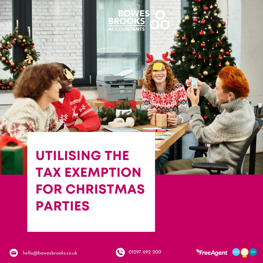 A group of employees wearing Christmas jumpers and festive accessories play a holiday-themed office game around a decorated table. A Christmas tree and wreaths are in the background. Text overlay reads: ‘Utilising the Tax Exemption for Christmas Parties’ with Bowes Brooks Accountants branding.