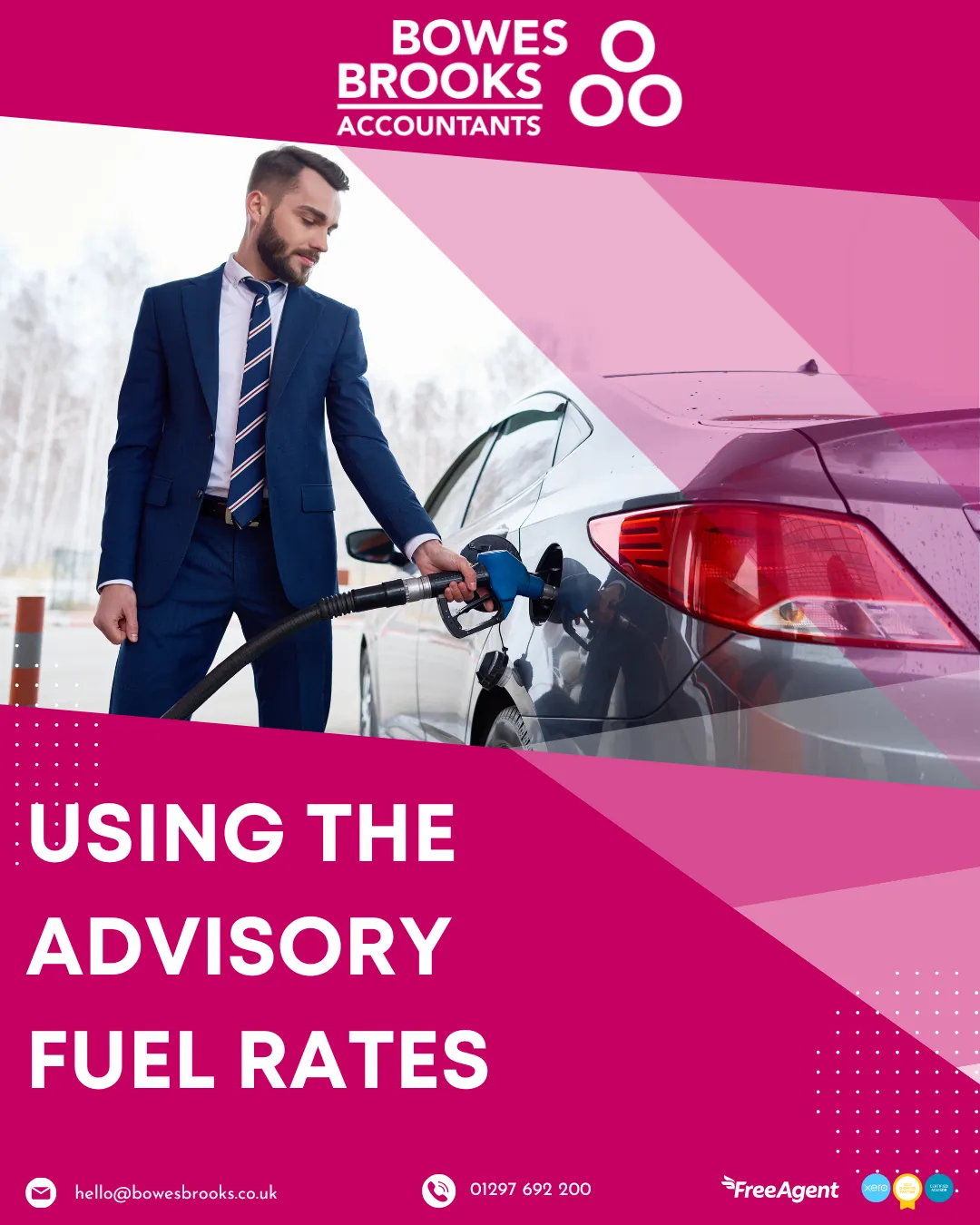 Bowes Brooks Accountants cover graphic showing a professionally dressed man refuelling a car at a petrol station. Text reads ‘Using the Advisory Fuel Rates.