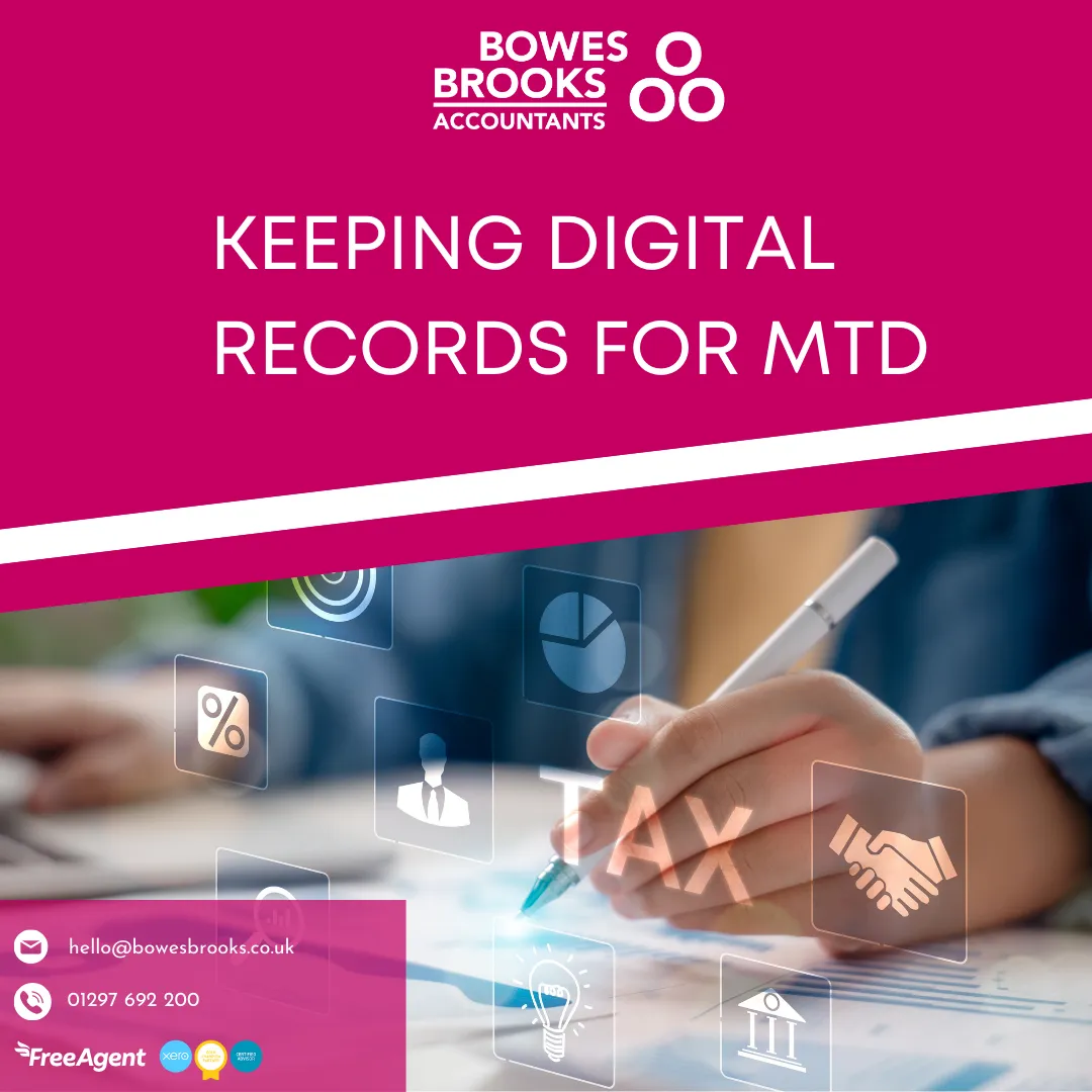 Bowes Brooks Accountants cover image titled ‘Keeping digital records for MTD’ explaining what counts as a digital record under MTD for ITSA, software options (including bridging), required fields (amount, date, category), and simplifications for jointly let properties and turnover under £90,000.