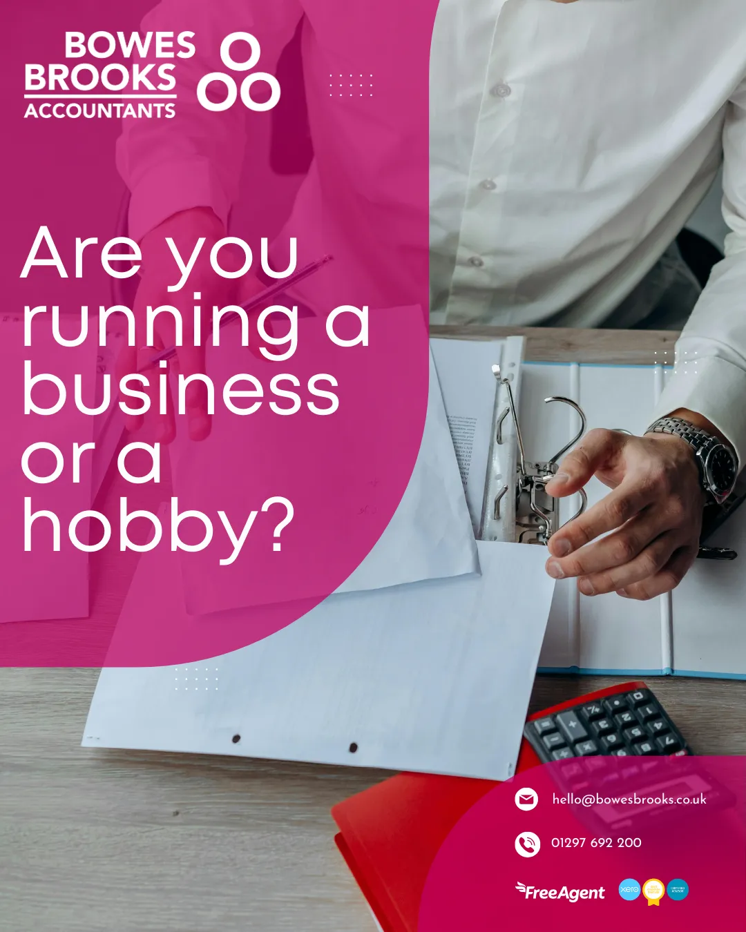 Bowes Brooks Accountants cover image titled ‘Are you running a business or enjoying a hobby?’ about online selling (eBay/marketplaces), HMRC reporting, the £1,000 trading allowance, and HMRC’s badges of trade.