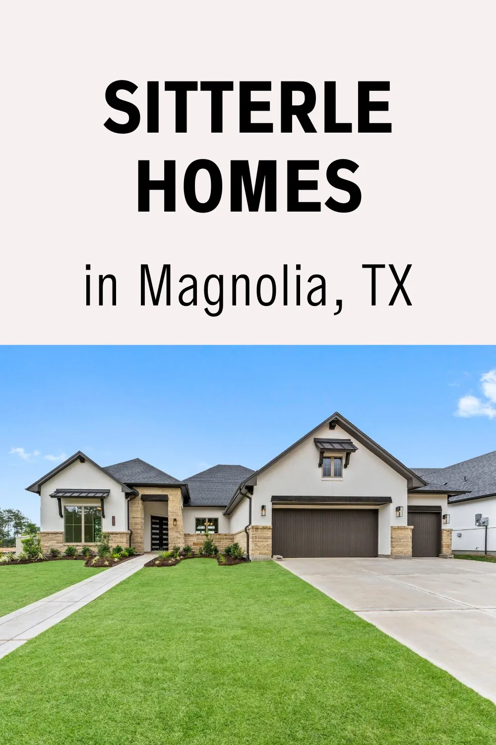 Front view of a new construction Sittlerle home in Magnolia, TX with stone accents and landscaped yard.