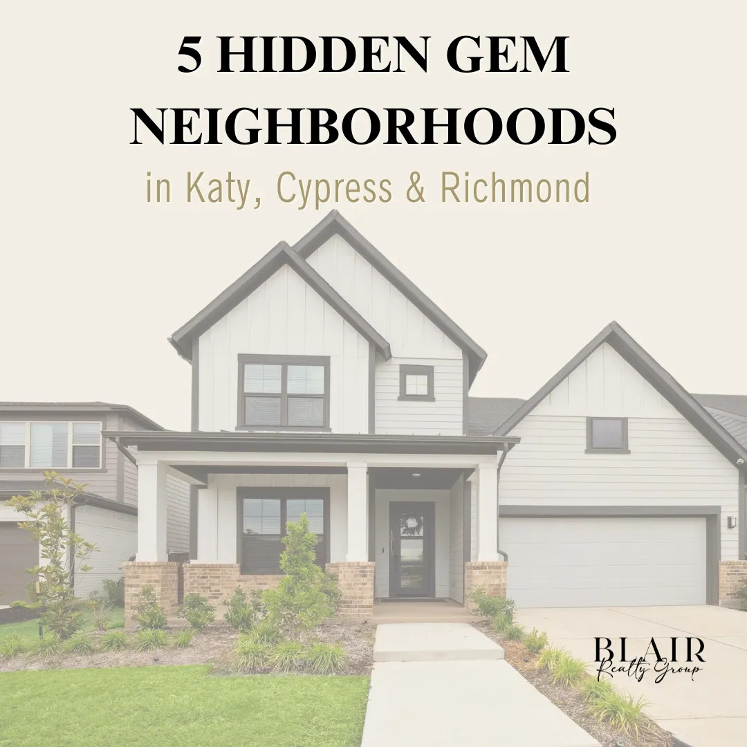Graphic highlighting five hidden gem neighborhoods in Katy, Cypress, and Richmond with soft beige background and modern home imagery.