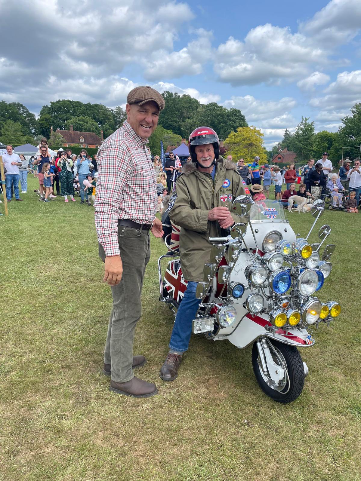 Vinnie Jones judging the classic vehicles and mod bikes at Chiddingfold Fete