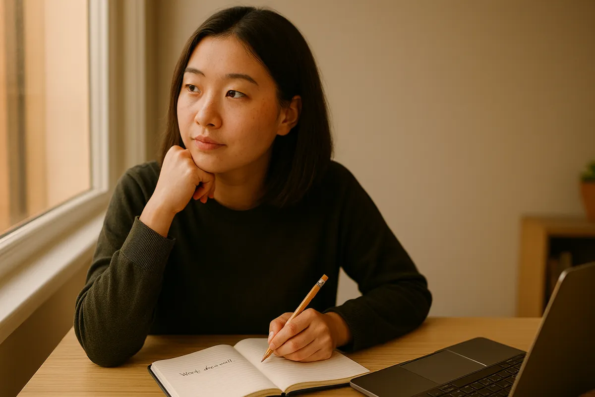 Young person looking thoughtful at a desk, soft evening light.
