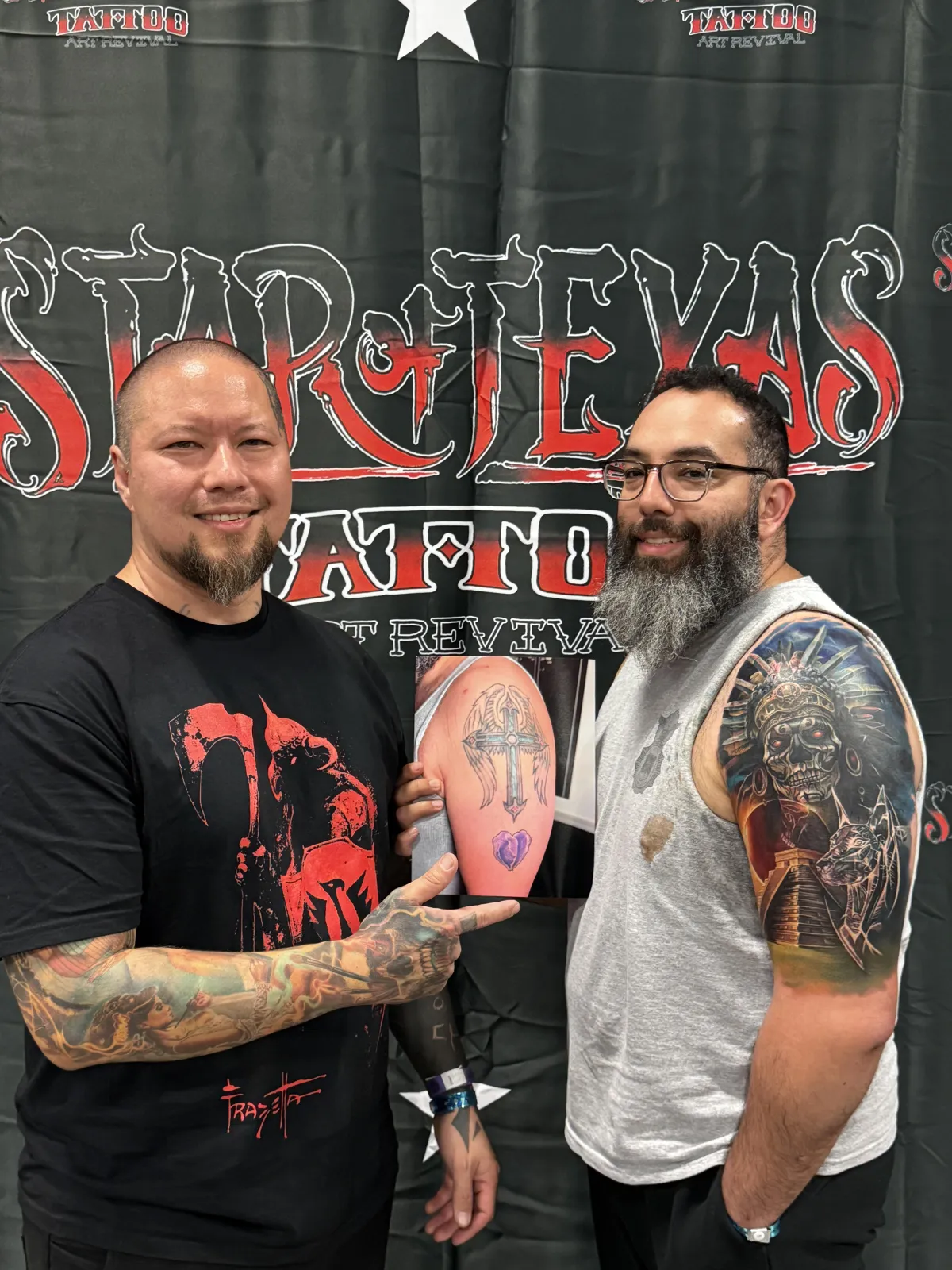 Alphonso and I showing off this 3 day coverup tattoo that won Best of show