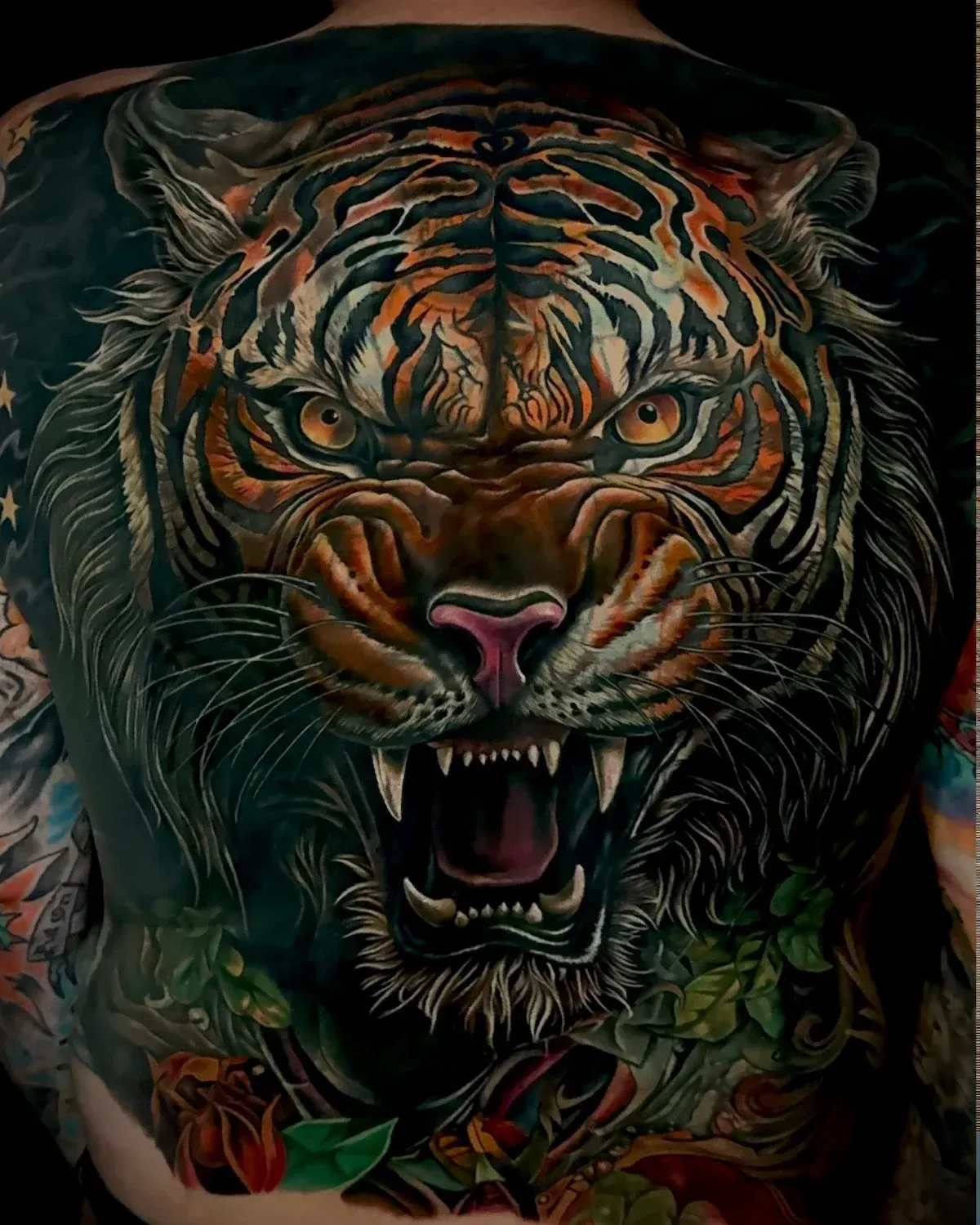 Tiger Cover Backpiece Color Realism Tattoo: Professional tattoo by Noelin Wheeler at Montana Tattoo Company in Missoula, MT
