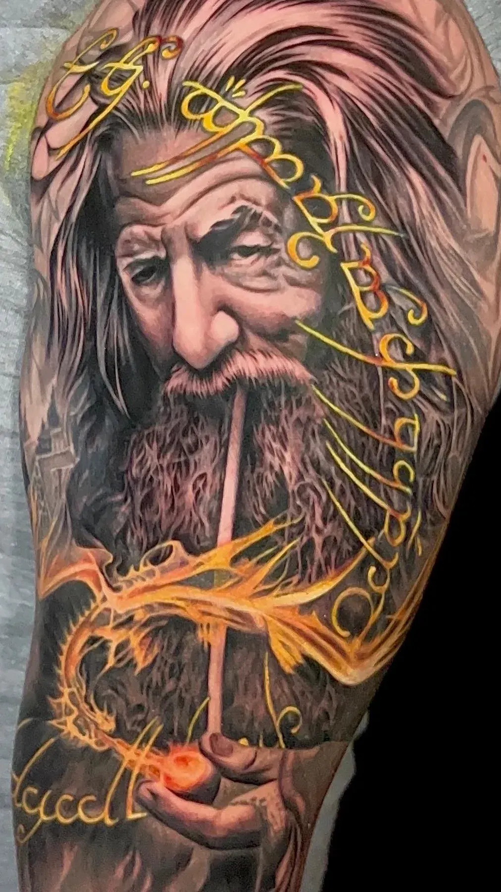 Smoking Gandolf Tattoo Color Realism Tattoo: Professional tattoo by Noelin Wheeler at Montana Tattoo Company in Missoula, MT 