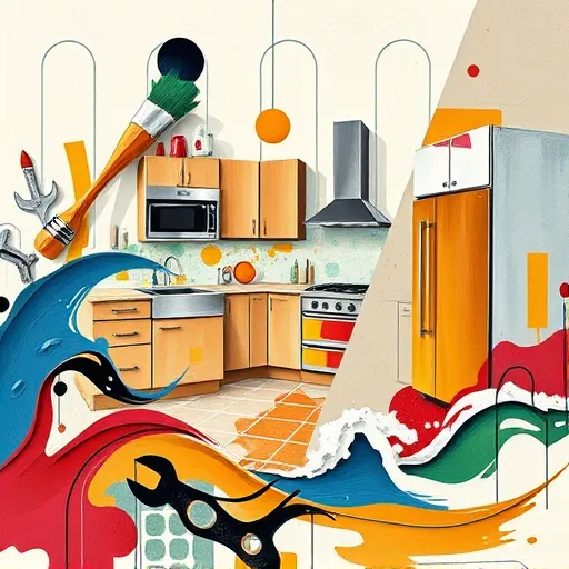 A vibrant digital artwork depicting a remodeled full-service kitchen in Severna Park, Maryland. The open-concept space is filled with warm natural light streaming through large bay windows that overlook a lush Maryland garden with manicured greenery. The modern kitchen features sleek stainless-steel appliances accented with retro-inspired colorful accessories like a bright toaster and quirky kettle. Rich marble countertops are complemented by whimsical floating shelves holding potted herbs and vintage dishware. An oversized chef’s apron decorates a textured accent wall, suggesting culinary artistry. The central island is lively with a freshly baked pie or vibrant salads, creating an inviting atmosphere. Background details include Maryland-themed backsplash tiles with crabs and sailboats, and a whimsical utensil-shaped clock, adding personality. The cozy yet contemporary environment harmonizes professionalism and playfulness, conveyed through a soothing palette of ocean blues, crisp whites, warm wood tones, with cheerful red and yellow accents, evoking optimism and energy. The clean, dynamic digital art style employs smooth gradients and detailed textures, capturing the essence of a cheerful, stylish, and functional Maryland kitchen remodel.