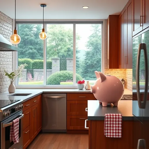 A hyperrealistic image of a modern, stylish kitchen interior in Columbia, Maryland, featuring sleek countertops, state-of-the-art appliances, and custom cabinetry in warm cherry wood and subtle grey tones. The scene includes a cozy breakfast nook with a whimsical, oversized piggy bank atop the countertop, gleaming under pendant lights, symbolizing savings and investment. An open-concept workspace displays floating, semi-transparent financing charts, emphasizing planning and financial options. Large windows reveal a lush Maryland landscape with mature trees and blooming gardens, adding tranquility and local charm. Decorative elements like colorful patterned tiles and a checkered kitchen towel add warmth and personality. The overall mood is inviting and professional, highlighting kitchen remodeling possibilities and financing confidence. The color palette combines warm wood tones, soft blues, and fresh greens to create a sense of trust and serenity, with hyperrealistic textures enhancing the gleam of stainless steel, textured wood grains, and ambient lighting for an inspiring blog cover on kitchen remodeling finances in Columbia, Maryland.