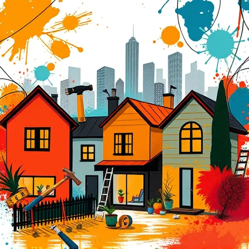 A vibrant neo-expressionist scene illustrating local home remodeling designers, featuring bold, expressive brushstrokes and exaggerated architectural outlines including whimsical house facades, playful windows, and dynamic rooflines. Surrounding vivid splashes of oranges, blues, and reds evoke creative energy and passion. Floating cartoonish tools such as hammers, paintbrushes, and measuring tapes hint at craftsmanship, with quirky proportions adding a lively charm. The background showcases a stylized cityscape dissolving into geometric patterns and textured layers, highlighting a bustling, artistic environment. Whimsical details like a paint roller streaking colorful swirls and small icons of houseplants and lamps enhance the cheerful, inspiring mood. The overall composition captures the inventive spirit of neighborhood designers, emphasizing energetic, personalized craftsmanship in a colorful, inviting setting.