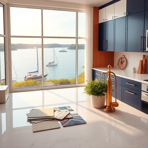 A vibrant, Aboriginal-inspired artwork depicting top-rated kitchen designers in Severna Park, Maryland. The scene features an open-concept kitchen with flowing, interconnected dot patterns representing sleek countertops, modern appliances, and stylish cabinetry, all rendered in earthy tones of ochre, deep reds, warm browns, accented by fresh greens and sky blues. Abstract symbols and motifs, such as stylized tools like spatulas, whisks, and measuring cups, are artistically arranged in harmonious patterns, symbolizing creativity and craftsmanship. Central to the design is a bold circular motif resembling a sun or shell, radiating dots and concentric patterns that evoke warmth and community. Surrounding the kitchen are stylized landscapes of flowing rivers, leafy trees, and silhouettes of sails and boats, emphasizing Maryland’s scenic waterfront setting. Playful animal shapes, including a patterned fish and a whimsical owl perched on cabinetry, add charm and personality. The overall composition exudes liveliness and elegance, blending design, nature, and cultural artistry to highlight the innovative spirit of kitchen design in Severna Park, Maryland.