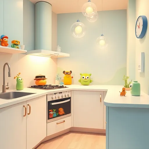 A cozy, modern kitchen rendered in a vibrant, whimsical art style, featuring sleek, rounded countertops adorned with playful, oversized safety devices seamlessly integrated into the environment. Soft pastel colors—gentle blues, warm yellows, and subtle greens—create a calm, inviting atmosphere. Fantastical, exaggerated elements include secure cabinet locks resembling tiny treasure chests, stove covers shaped like smiling clouds, and colorful outlet covers transformed into friendly alien creatures with expressive eyes. In a corner, a low shelf displays vibrant, chunky plastic toys resembling whimsical monsters and friendly robots, emphasizing fun within safety. Suspended above are transparent, glowing orbs indicating safety zones, adding a magical touch. The background features abstract, swirling patterns with an ethereal glow, evoking protective energy. Tiny details like a curious rat wearing a safety helmet inspecting a drawer latch and a gear-shaped clock on the wall enhance the playful, reassuring scene. Overall, the image combines imaginative charm with childproofing concepts in a warm, visually captivating setting.