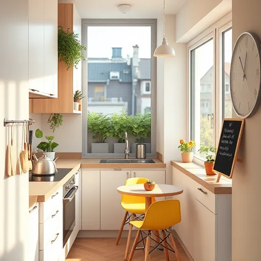 A highly detailed, realistic depiction of a compact, space-optimized kitchen featuring sleek modern cabinetry with smart storage solutions, wall-mounted racks, and multi-purpose countertops. The layout includes a small stove, minimalist sink, and integrated appliances such as a fold-away drying rack and hidden spice drawers. Vertical elements include a lush herb wall garden, hanging utensils, and magnetic spice jars. A cozy breakfast nook showcases a geometric table with colorful mismatched chairs. Soft, warm lighting creates inviting shadows, highlighting functionality and charm. Decorative touches include a playful teapot on the stove and a small chalkboard with a witty reminder. Large window floods the bright, airy space with natural light, revealing a lush urban garden outside and glimpses of neighboring rooftops against a vibrant sky, emphasizing eco-friendliness and fresh living. The color palette combines warm neutrals, soft whites, and pops of vivid green, yellow, and red, making this small kitchen both practical and inviting.