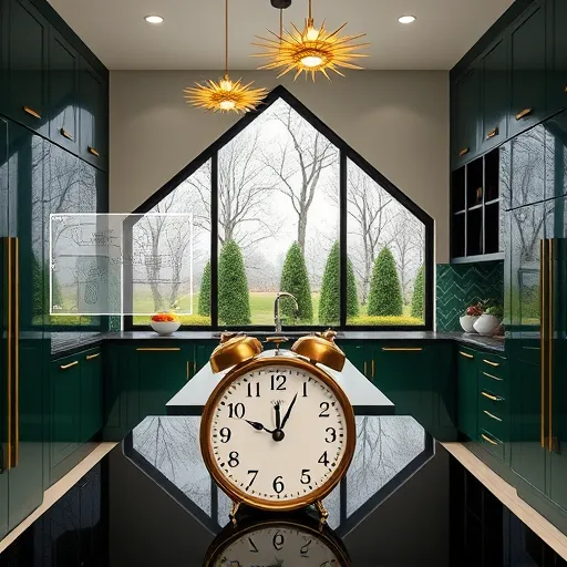 A sleek, elegant kitchen in Potomac, Maryland, showcasing a space-efficient design that combines Art Deco elegance with contemporary style. The symmetrical layout features glossy, geometric emerald green cabinetry accented with gold details, paired with black marble countertops. Subtle Art Deco motifs, such as sunburst and fan patterns, are integrated into the cabinet doors and backsplash, adding vintage glamour. In the foreground, a playful oversized clock with elongated hands hangs above a minimalist island, accented by whimsical touches like tiny vintage teapots and floating geometric fruit bowls, creating a lively atmosphere. The background exhibits large, triangular frosted glass windows with bold zigzag patterns, revealing a scenic suburban landscape of tall trees and manicured gardens. Warm pendant lights with gold sunburst designs illuminate the space, enhancing its luxurious yet inviting ambiance. A faint blueprint overlay hints at the smart, space-saving layout design. Overall, the scene exudes refined sophistication with a playful character, blending rich emerald, gleaming gold, deep black, and soft cream tones to showcase a modern, Art Deco-inspired kitchen optimized for functionality and style.