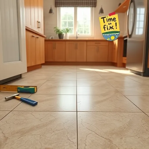 A hyperrealistic image of a cozy, modern kitchen featuring visibly uneven floor tiles, some cracked or slightly raised, highlighting imperfections that invite inspection. The scene emphasizes the contrast between perfectly aligned tiles and those in disrepair, with subtle light reflections creating a glossy, tactile surface. Scattered tools such as a hand level, small hammer, and adhesive strips are casually placed on the countertop, implying ongoing repair or renovation work. A cheerful illustrated sticky note on the fridge that says “Time for a fix!” adds a playful, quirky element without traditional text in the image. The warm kitchen environment is illuminated by soft natural light streaming through a window, showcasing potted herbs and a stylish backsplash that create an inviting atmosphere. Additional details include a sleek, colorful mixing bowl with paint splatters and tiny footprints on the floor, adding humor and liveliness to the scene. The color palette incorporates warm neutrals, earthy browns, subtle greens, and cheerful yellow and blue accents, enhancing the friendly, professional vibe of a space ready for transformation. The hyperrealism style captures intricate textures—from cracked tiles to reflective countertops—making the viewer feel immersed in a relatable kitchen facing everyday imperfections and expert repair solutions.
