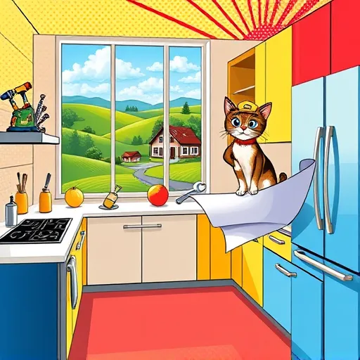 A colorful, pop art-inspired illustration depicting kitchen remodeling experts in White Hall, Maryland. The scene features a retro-style kitchen with bold lines, exaggerated shapes, and vivid colors such as electric blue, sunny yellow, and white. An oversized comic-style toolbox overflowing with drills, rulers, and paintbrushes symbolizes craftsmanship and creativity. Behind the kitchen, stylized windows reveal a lush Maryland countryside with green rolling hills, a cozy farmhouse, and a cheerful blue sky with whimsical puff-shaped clouds. Playful, animated tools with eyes and tiny legs add personality, alongside a whimsical cat wearing an engineer's hat inspecting a blueprint on the countertop. The background is decorated with comic-style halftone dots and vibrant pop art patterns, emphasizing energy and focus. The overall scene combines friendly professionalism with playful energy, capturing the spirit of home transformation by expert kitchen remodeling professionals in a lively, eye-catching, and approachable visual.