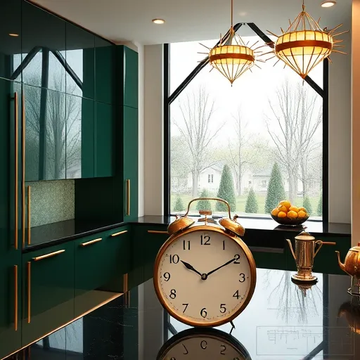 A vibrant, expressive artwork depicting a modern kitchen island installation in Havre de Grace, Maryland, rendered in bold, emotive brushstrokes characteristic of Expressionism. The central kitchen island features sleek, contemporary design with exaggerated swirling lines highlighting its smooth curves, textured wood grains, and shimmering metallic accents. Surrounding the island are abstract, distorted shapes of kitchen utensils and appliances, conveying movement and energy reflective of a lively community. In the background, stylized Chesapeake Bay waters are painted with turbulent brushstrokes in deep blues and greens, capturing the dynamic maritime environment. Quirky decorative elements include an oversized fish sculpture arching over the island, scattered oyster shells, and a lighthouse-shaped lamp emitting a soft glow, adding local charm. The scene is infused with warmth from a fiery red and orange sky outside an imagined window, suggesting sunrise or sunset, symbolizing vitality. The overall composition uses textured brushstrokes and vivid colors to evoke emotion, celebrating Havre de Grace’s natural beauty, maritime heritage, and the innovative spirit of this artistic kitchen installation.