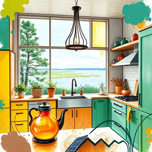 A vibrant folk art-inspired modern kitchen scene featuring handcrafted wooden cabinets in warm earthy tones like terracotta and sage green, decorated with whimsical traditional textile patterns. Recycled material countertops adorned with potted herbs and vegetable plants in colorful handmade pots, complemented by vintage-style eco-friendly appliances such as a solar-powered oven and a miniature wind turbine on the windowsill. Sunlight fills the space through a large cheerful window, revealing lush hills and gardens outside. Quirky details include a hanging row of painted ceramic utensils, a playful DIY compost bin with cartoon animals, and a small bookshelf with eco-conscious gardening books. The background showcases a patterned tile backsplash with leaf and flower motifs and a rooster-shaped clock on the wall. The scene emphasizes a cozy, sustainable lifestyle with warm ochre, soft green, cheerful red, and blue colors, blending folk art charm with eco-friendly design.