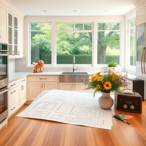 Hyperrealistic modern kitchen in Bel Air, Maryland, featuring gleaming marble countertops, custom pastel-colored cabinetry, and stainless steel appliances reflecting soft ambient lighting. In the foreground, a polished wooden island displays a vibrant bouquet of local Maryland wildflowers in a rustic ceramic vase, complemented by a large open blueprint of the kitchen layout with 3D cabinet renderings and color swatches beside it. Quirky details include a ceramic crab ornament atop the oven hood and a vintage radio with retro dials, adding coastal Maryland charm. The background showcases large windows overlooking a lush suburban backyard with mature oak and dogwood trees, bathed in soft sunlight. The scene exudes a professional yet welcoming atmosphere with warm creams, soft greens, and muted blues, highlighting hyperrealistic textures and design elements that emphasize interior renovation expertise infused with local character.