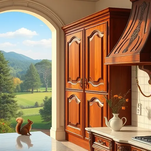 A hyperrealistic image of a modern kitchen featuring soaring cabinets that extend seamlessly to the ceiling, showcasing sleek, polished wood grains and glossy lacquer finishes in rich mahogany and white tones. The meticulously detailed cabinets reflect soft lighting, with elegant handles and under-cabinet lighting creating depth and warmth. A minimalist marble countertop with subtle veining runs below, adorned with colorful spice jars, a stylish coffee machine, and a small potted succulent, adding personality and a natural touch. The background reveals a bright, sunlit space through large windows with sheer curtains, flooding the scene with natural light and creating an inviting atmosphere. Quirky details include an open cabinet door displaying vintage teacups, a sunflower-shaped toaster, and a whimsical rolling pin with cheerful patterns, adding playful character. The warm neutral color palette features soft browns, creamy whites, and pastel accents, evoking a calm, sophisticated vibe with a lively touch. The clean, polished environment emphasizes both functionality and beautiful design, capturing a sense of welcoming elegance infused with playful details—perfect for a blog cover highlighting stylish, character-rich kitchen interiors.