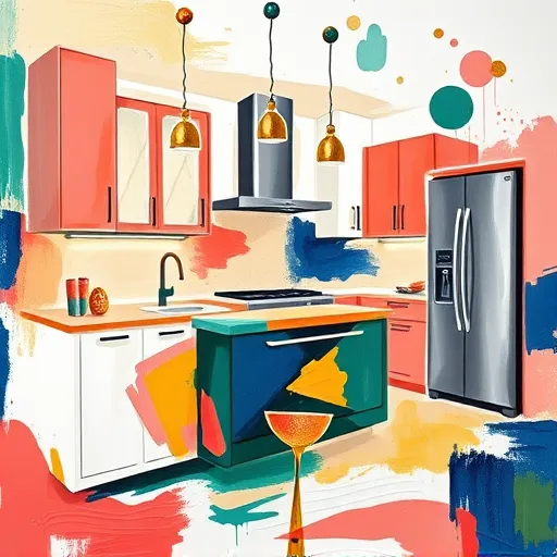 Abstract expressionist artwork portraying a modern kitchen renovation with bold, sweeping brushstrokes and vibrant colors. The scene features stylized swirling shapes representing sleek countertops, metallic appliances, and flowing cabinetry in coral, navy, emerald green, and gold. Playful, exaggerated utensil forms like a giant spatula and swirling whisk add movement and personality. Abstract hints of sandy textures and ocean blues in the background evoke a coastal Maryland setting. Bright streaks of white and yellow symbolize optimism and new beginnings, contrasting with darker hues that convey depth and stability. The lively yet sophisticated composition captures the dynamic energy and creativity of a top-tier Joppa, Maryland kitchen remodel.