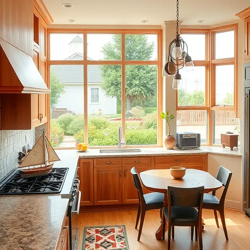 A vibrant, detailed image of a custom kitchen in Severna Park, Maryland, styled in SocialRealism with warm earthy tones complemented by coastal blues and greens reflecting Chesapeake Bay influences. The spacious kitchen features natural wood cabinets, sleek granite countertops with intricate veining, and seamlessly integrated modern appliances. Unique touches include a vintage sailboat-shaped teapot atop the stove and a handcrafted mosaic backsplash illustrating Chesapeake Bay wildlife such as ducks, fish, and crabs, adding local charm. Large windows overlook a lush garden with native plants and a distant view of Chesapeake Bay, emphasizing coastal inspiration. A cozy breakfast nook with a rustic wooden table and mismatched chairs creates inviting warmth and community feel. Soft sunlight filtering through windows casts gentle shadows, highlighting craftsmanship and a welcoming atmosphere. Decorative elements include a vintage radio, hand-thrown pottery, and a whimsical hanging light fixture made from repurposed kitchen utensils, providing playful accents. The scene balances professionalism with neighborhood charm, capturing warmth, craftsmanship, local character, and creative personality in a picturesque Maryland setting.