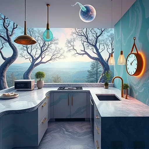 A vibrant, abstract ColorFieldPainting-style illustration of a kitchen layout optimization in North East, Maryland. The image features bold, expansive color blocks in soft blues, warm terracotta, and gentle greens, forming a stylized schematic view of a kitchen with flowing, curvy outlines of countertops, cabinets, and appliances. Subtle patterns on the backsplash resemble Maryland flora, such as swirling waves and leafy vines. Playful regional details include a tiny cartoon crab on a countertop and a splash resembling a Chesapeake Bay oyster shell. The background showcases a sunrise gradient with pinks, oranges, and pale yellows, creating an optimistic atmosphere. The composition emphasizes flow, symmetry, and movement toward efficiency, conveying a sense of openness, clarity, and regional charm in a calm yet lively mood ideal for a professional kitchen design or spatial optimization blog.