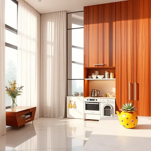 A vibrant, intricate kitchen layout inspired by Native American art styles set in Joppa, Maryland. The scene features stylized geometric patterns, symbolic motifs like feathers, sunbursts, deer, and fish integrated into abstract representations of countertops, cabinets, and utensils. Curved lines and harmonious rhythms emphasize balanced, efficient space planning. The background depicts the Chesapeake Bay landscape with stylized waves, marsh grasses, and distant trees in earthy greens, warm browns, and deep blues, reflecting the Maryland setting. Playful details include Maryland crab ceramics decorating cupboards, tidal pattern tiles, and native-inspired motifs on containers and drawers. The color palette comprises terracotta reds, sandy beiges, mossy greens, and oceanic blues, blending natural beauty with modern functional design. The overall style combines detailed patterning with a stylized, organic aesthetic, creating a culturally rich, harmonious image celebrating Native American artistry and Maryland’s landscape.