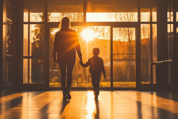 A parent and child walking hand in hand into a school building at sunrise, glowing sky, symbolizing new beginnings and empowered advocacy