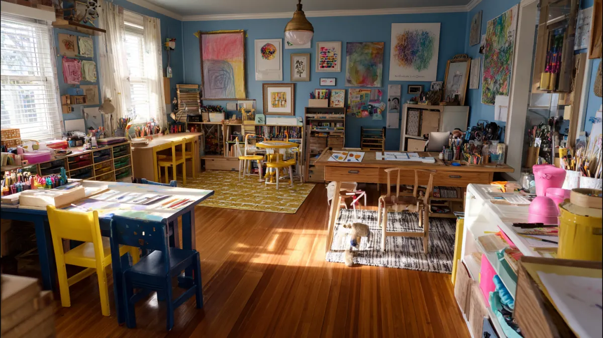 A vibrant, creative home classroom for neurodivergent children filled with colorful learning materials, art, and interactive stations in a cozy, well-lit space, conveying innovation and inspiration