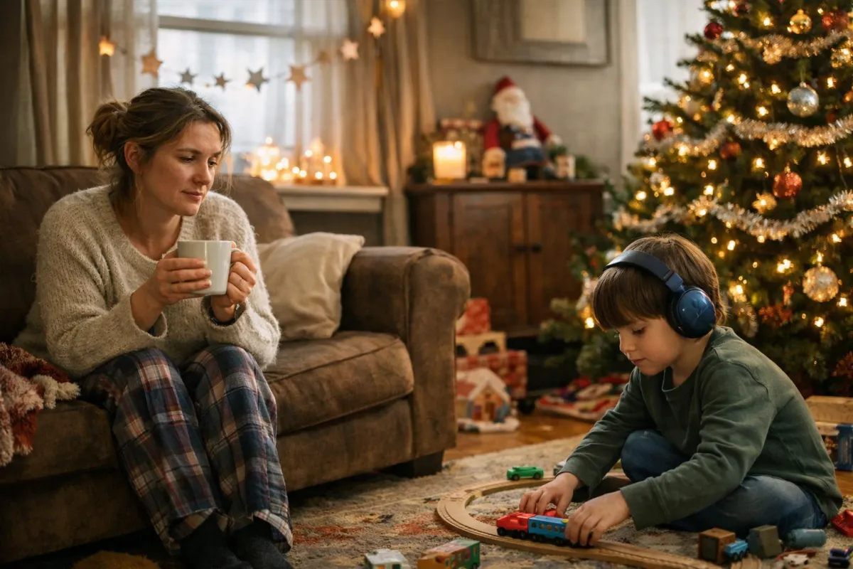 A tired but loving parent sitting in a softly lit living room with holiday decorations, holding a mug while watching a neurodivergent child play quietly nearby. Cozy but imperfect holiday setting, natural light, documentary-style, realistic, emotional, warm tones, candid moment