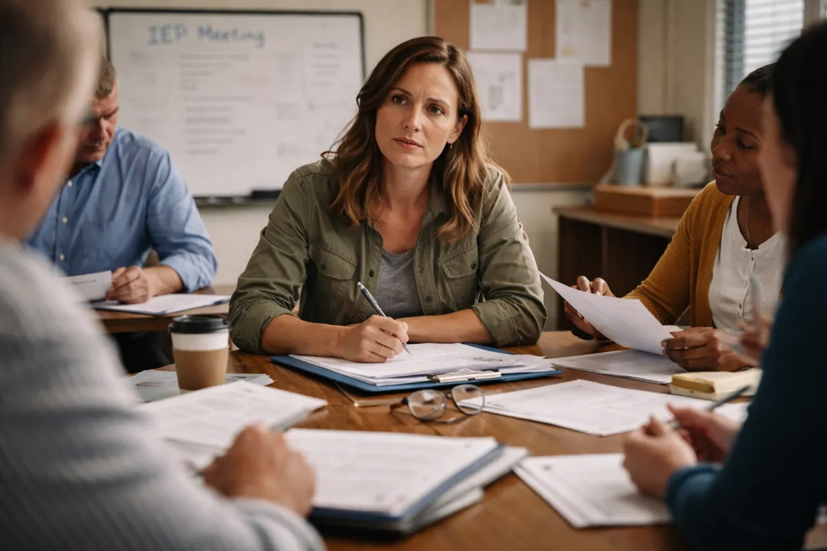 A parent sits at an IEP meeting table with school staff, holding a pen and listening intently as paperwork is discussed, looking thoughtful and slightly overwhelmed.