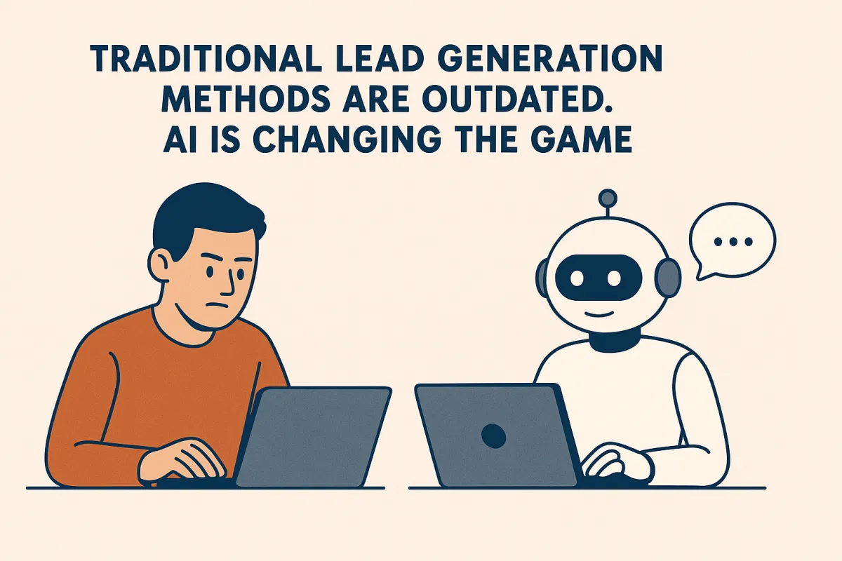 Illustration of a frustrated real estate agent using a laptop beside a cheerful AI robot also working on a laptop, with the text “Traditional lead generation methods are outdated. AI is changing the game” above them.