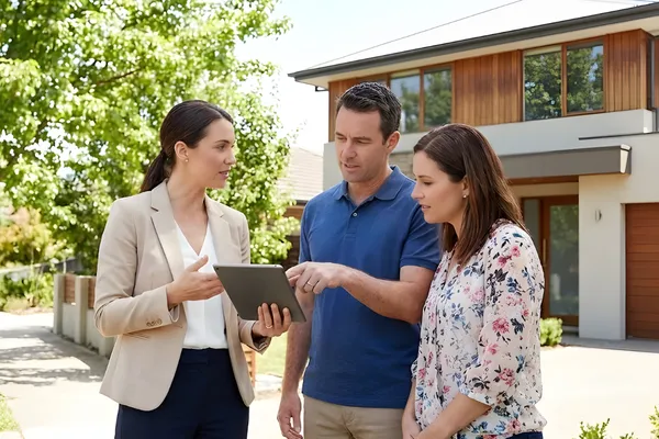 Buyers agent showing off-market property details to a couple outside a modern Sunshine Coast home.