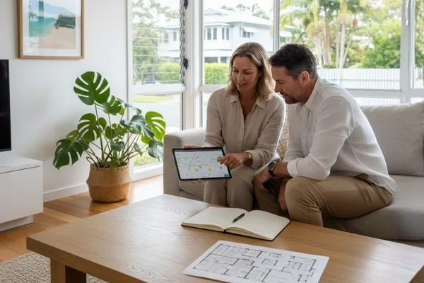 A Sunshine Coast buyers agent sitting with a couple in a bright coastal living room, reviewing a property map on a tablet during a home buying discussion.