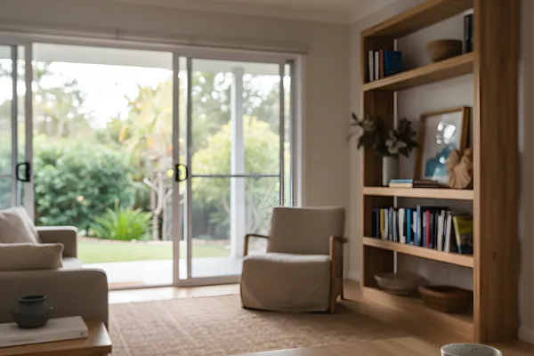 Calm Sunshine Coast living room with neutral styling, open sliding doors to a garden, and a tablet on a coffee table displaying a property map, representing careful evaluation beyond first impressions.