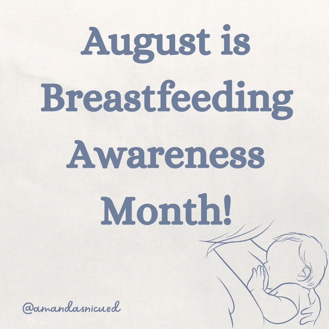 white background with blue grey letters that say happy breastfeeding awareness month