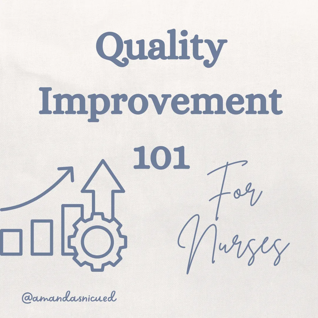 White background with blue grey writing that says Quality Improvement 101 for Nurses, graphic showing bar graph with arrow pointing upward
