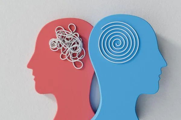 Two cardboard cut outs of a head. One is red with a white scribbled mess to portray the brain. The other one blue with a perfect spiral to represent a calm brain.