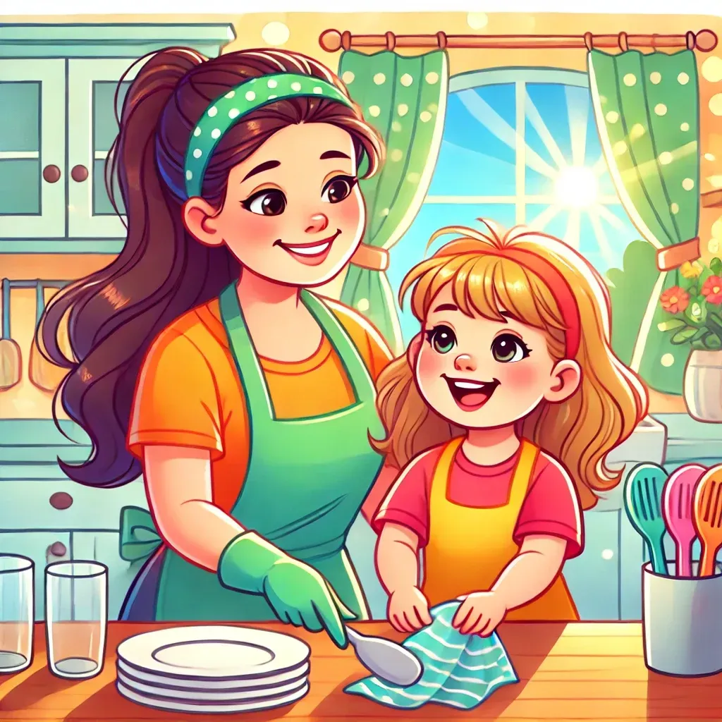 A vibrant and fun illustration showing a mother and her young daughter happily doing chores together. The daughter is helping to set the table with utensils while the mother guides her. The scene is colorful and engaging, depicting a warm and nurturing home environment with a cozy, well-organized kitchen in the background and sunlight streaming in.