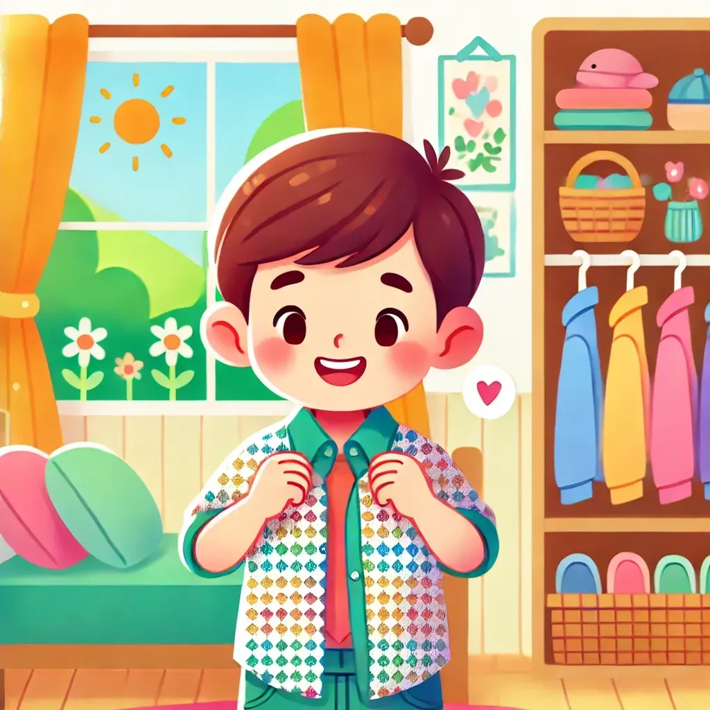 A cheerful illustration of a little boy getting dressed in a cozy, well-organized bedroom with sunlight streaming in. The boy is smiling while putting on a colorful shirt, depicting a warm and nurturing home environment. The scene emphasizes independence and self-sufficiency in a fun and engaging way, aligning with Montessori principles.