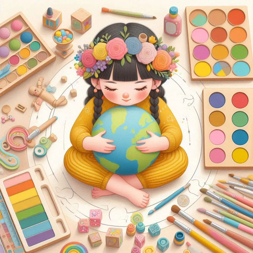 A cheerful and vibrant illustration of a young girl wearing a floral crown, sitting cross-legged and hugging a globe. She is surrounded by colorful Montessori educational materials, including paint palettes, brushes, wooden toys, and building blocks. The scene is bright, colorful, and engaging, depicting a nurturing and creative learning environment.