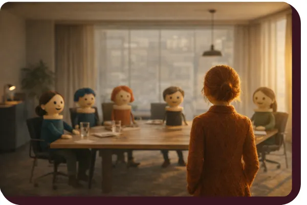 Wooden spool figurines representing a leadership team seated around a conference table, with a leader standing at the front in a modern office setting.