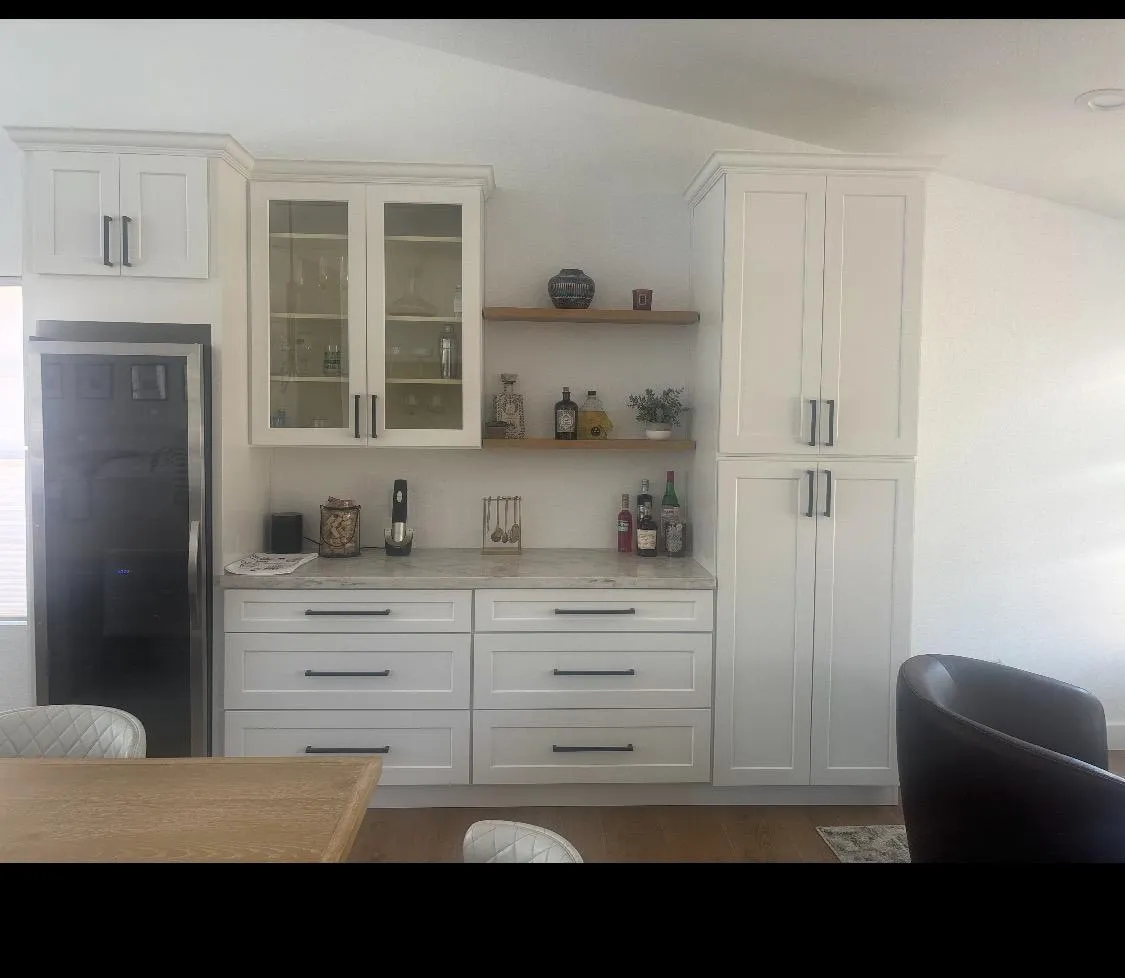 Custom Built Entertainment Center with Wine Fridge and Quartz Counter