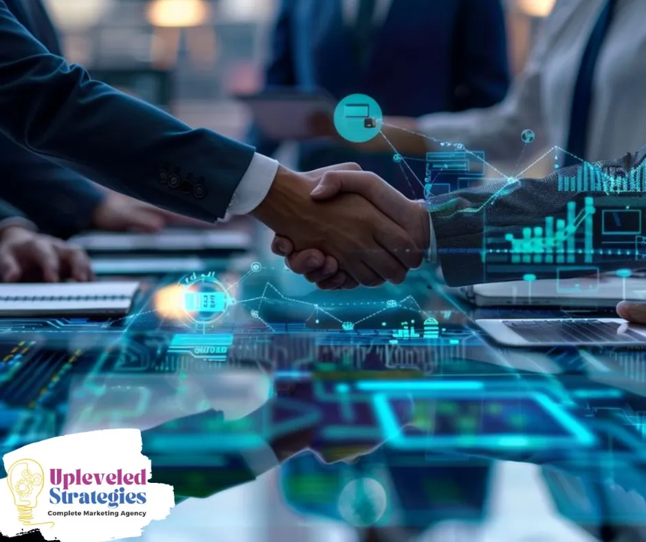 Business professionals shaking hands over a conference table with digital data overlays, symbolizing strategic partnerships, CRM intelligence, and unlocking hidden value from existing customer data.